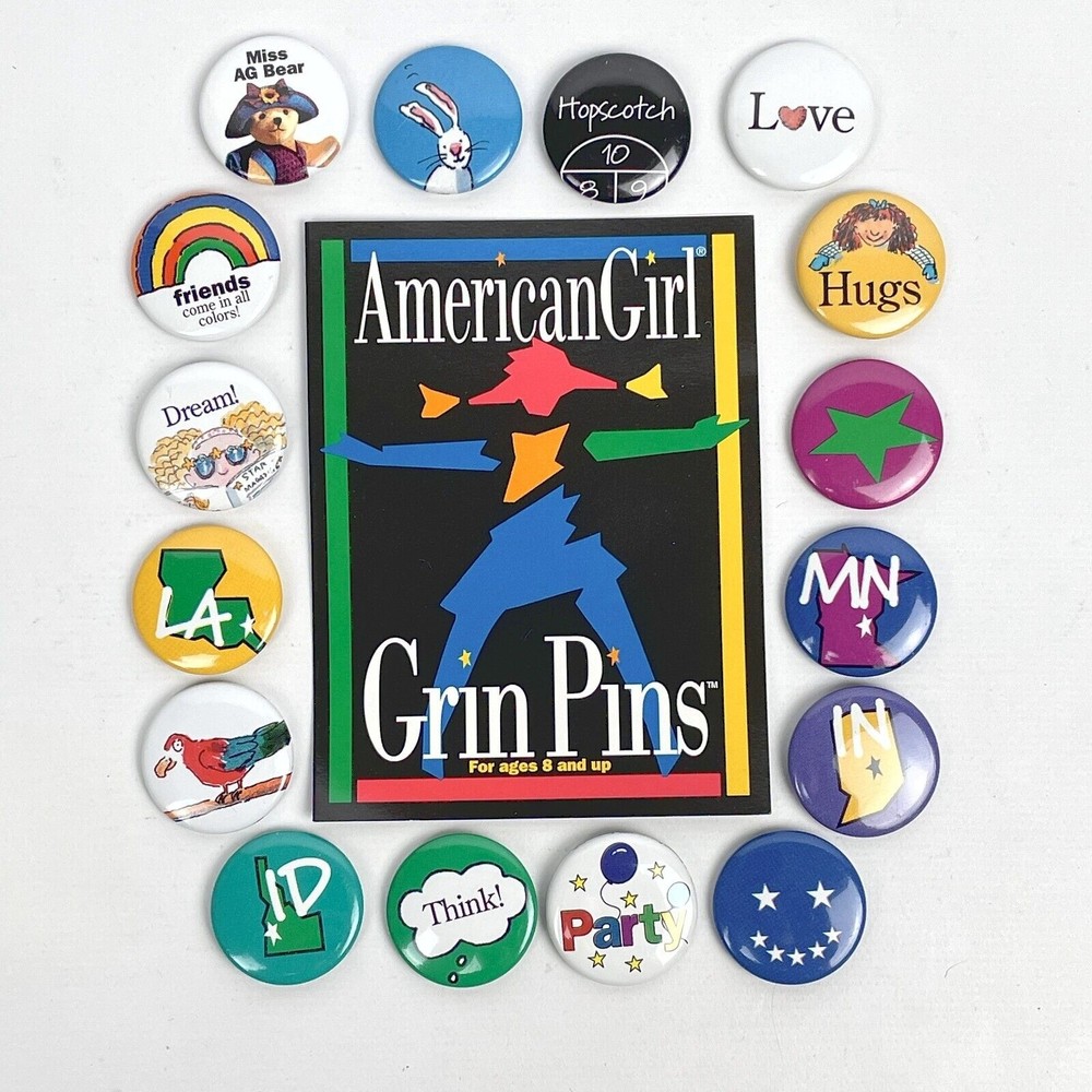 VTG Lot of 16 American Girl Grin Pins 1" Round Pinbacks & Design Submission Card